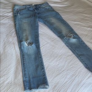 Medium wash cropped high waisted shinny jeans